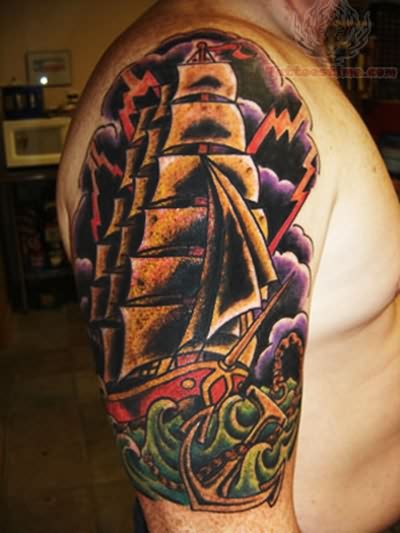 Colorful Pirate Ship Tattoo On Right Half Sleeve