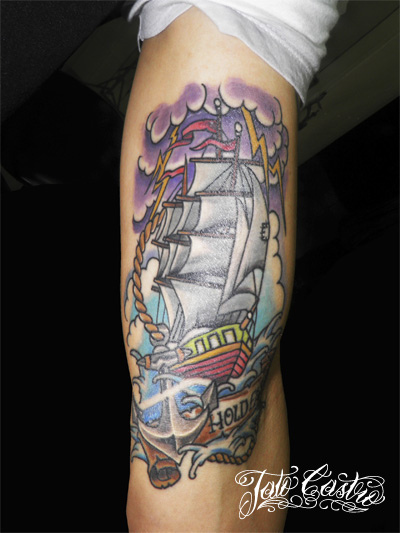 Colorful Pirate Ship With Anchor And Banner Tattoo Design