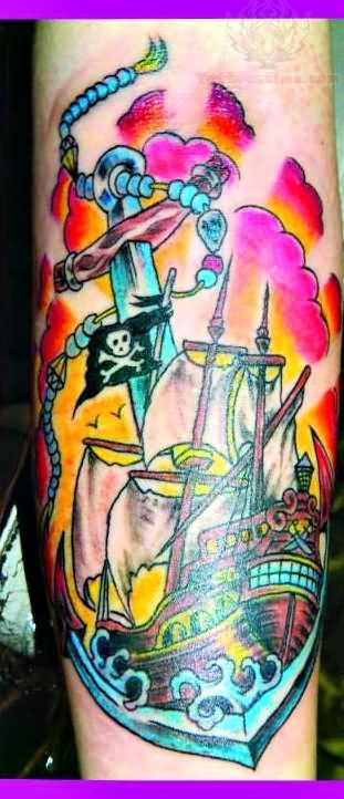 Colorful Pirate Ship With Anchor Tattoo Design For Forearm