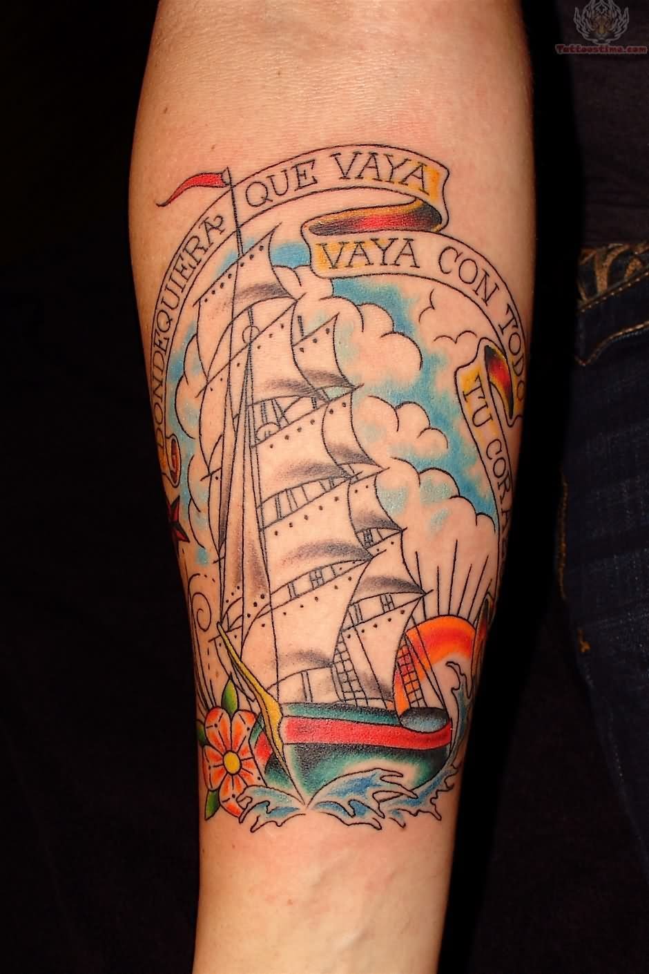 Colorful Pirate Ship With Banner Tattoo Design For Forearm