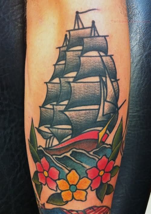 Colorful Pirate Ship With Flowers Tattoo Design For Arm