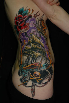 Colorful Pirate Ship With Flowers Tattoo On Right Side Rib