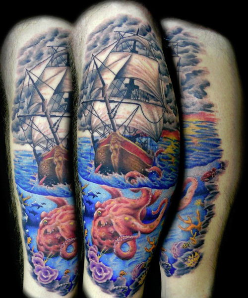 Colorful Pirate Ship With Octopus Tattoo Design For Leg Calf