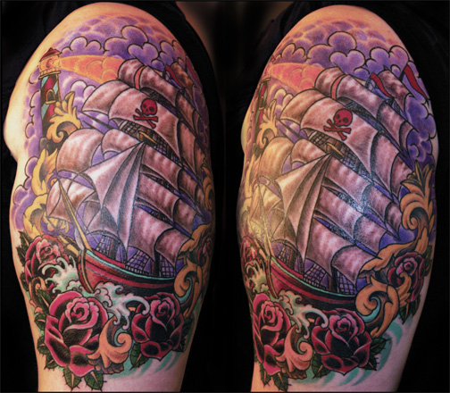 Colorful Pirate Ship With Roses Tattoo On Shoulder