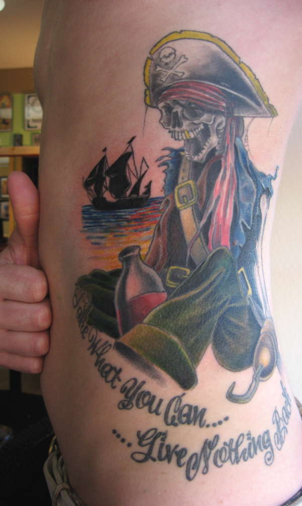 Colorful Pirate Skeleton Tattoo On Man Left Side Rib