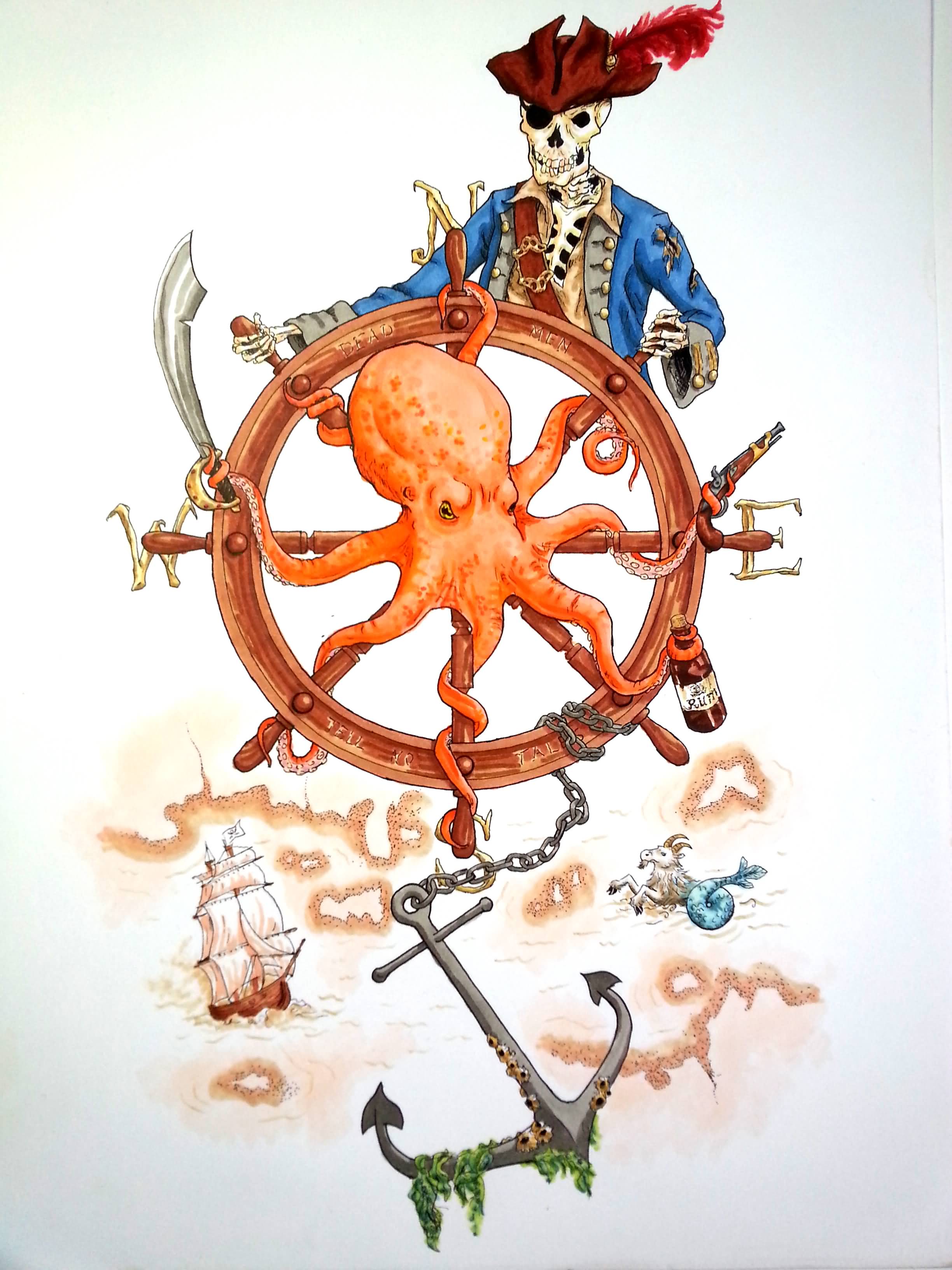 Colorful Pirate Skeleton With Ship Wheel And Octopus Tattoo Design