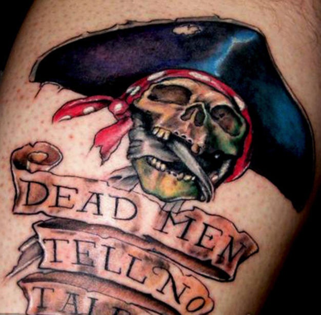 Colorful Pirate Skull With Banner Tattoo Design For Half Sleeve