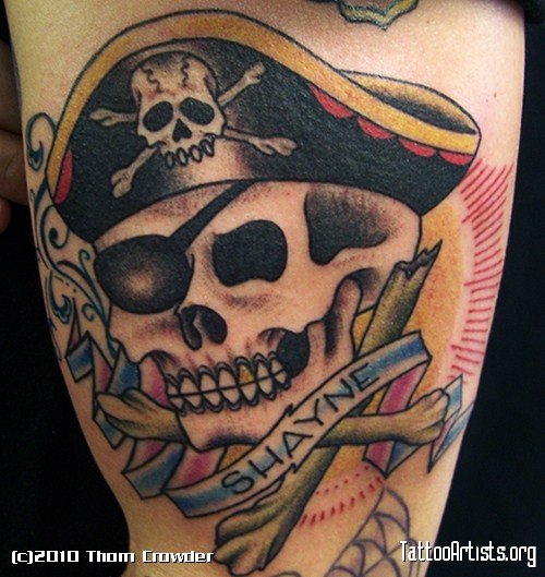 Colorful Pirate Skull With Two Crossing Bones With Banner Tattoo On Half Sleeve
