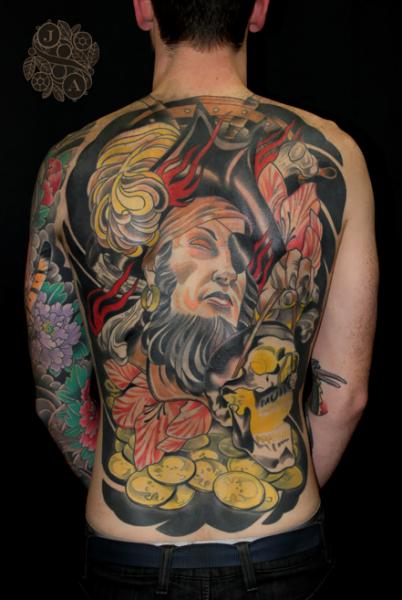 Colorful Pirate Tattoo On Man Full Back