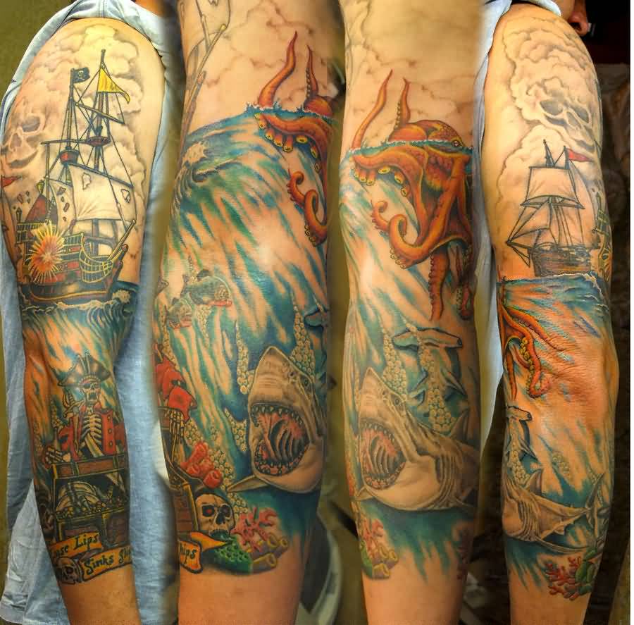 Colorful Pirate With Ship Tattoo On Man Right Full Sleeve By Andrew Sussman