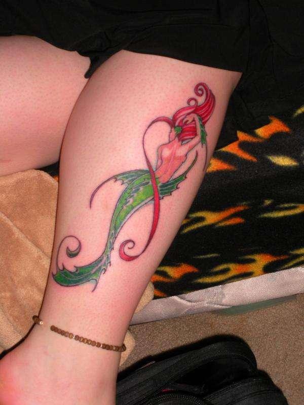 Colorful Small Mermaid Tattoo Design For Leg Calf