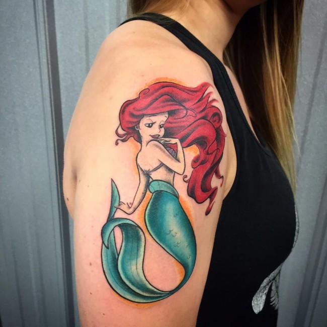 Colorful Small Mermaid Tattoo On Girl Right Shoulder