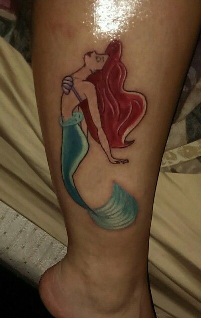 Colorful Small Mermaid Tattoo On Right Leg