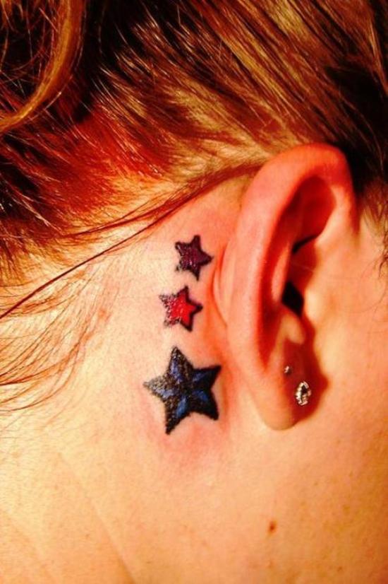 Colorful Star Tattoos Behind Ear For Young Girls