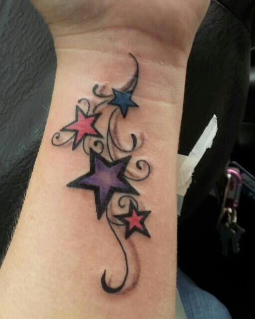 Colorful Star Tattoos On Left Wrist