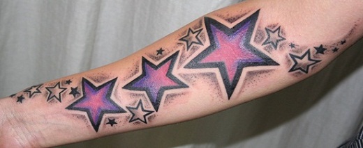 Colorful Three Star Tattoos On Arm For Men