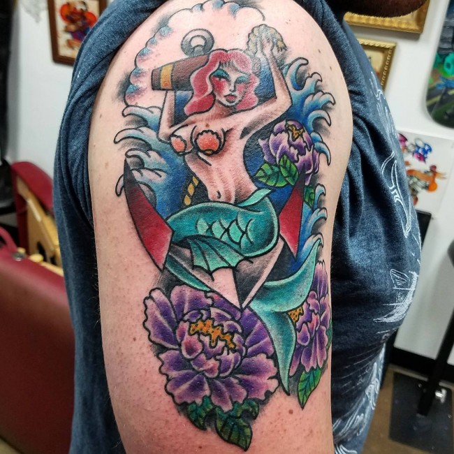 Colorful Traditional Little Mermaid On Anchor With Flowers Tattoo On Right Shoulder