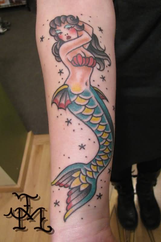 Colorful Traditional Mermaid Tattoo Design For Forearm