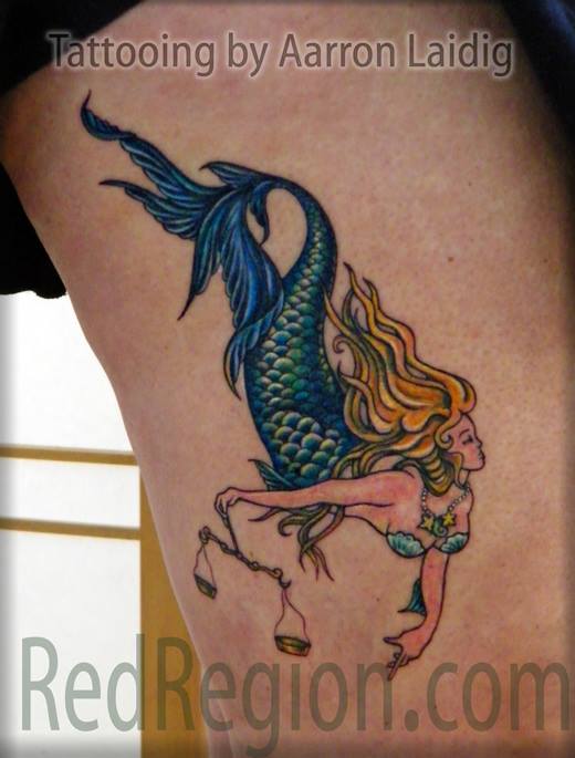 Colorful Traditional Mermaid Tattoo Design For Thigh