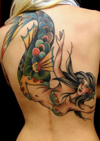 Colorful Traditional Mermaid Tattoo On Girl Full Back