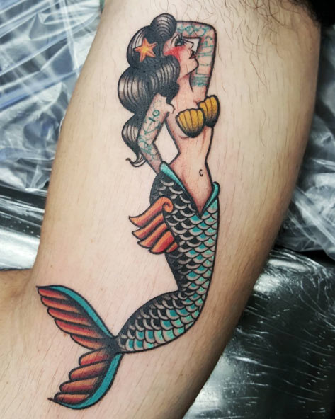Colorful Traditional Mermaid Tattoo On Left Half Sleeve By Jessy D