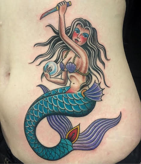 Colorful Traditional Mermaid Tattoo On Man Left Side Rib