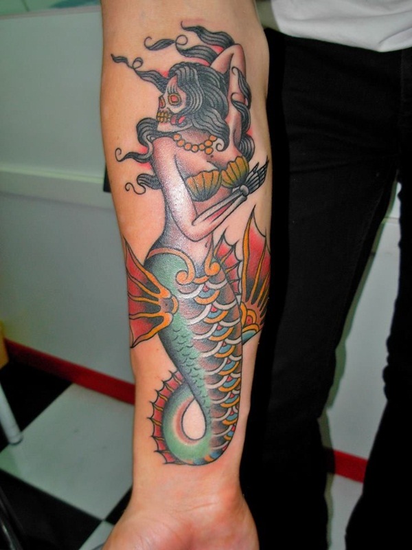 Colorful Traditional Mermaid Tattoo On Right Forearm