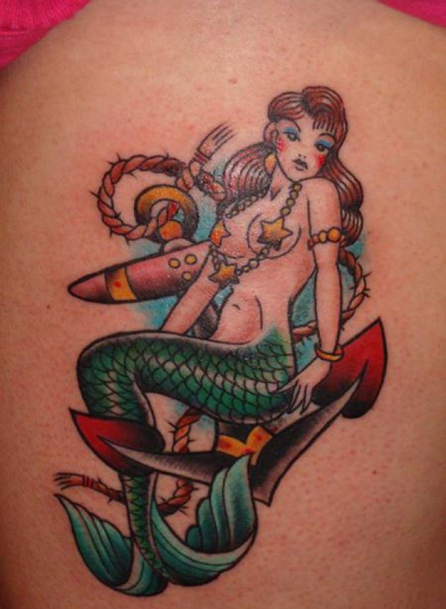 Colorful Traditional Mermaid With Anchor Tattoo Design