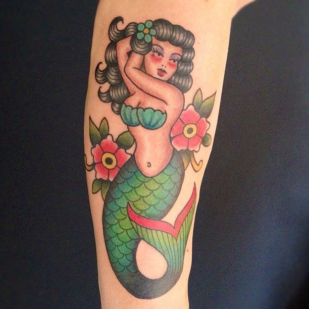 Colorful Traditional Mermaid With Flowers Tattoo Design For Sleeve By Matt Chahal