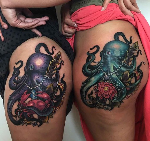 Colorful Traditional Octopus Tattoo On Girl Left Hip