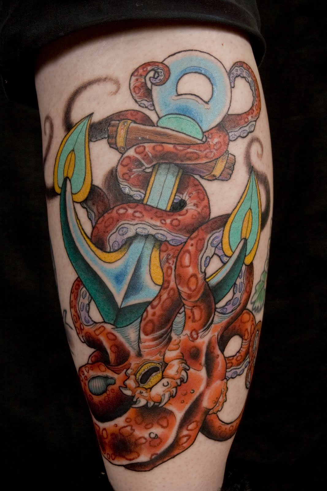 Colorful Traditional Octopus With Anchor Tattoo Design For Leg Calf