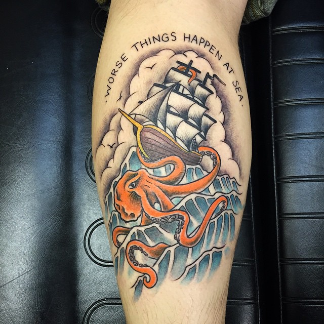Colorful Traditional Octopus With Ship Tattoo Design For Leg Calf