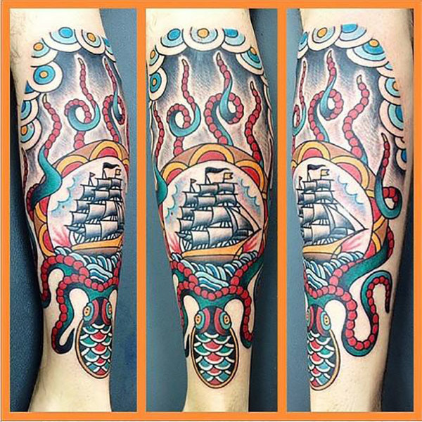 Colorful Traditional Octopus With Ship Tattoo Design For Sleeve