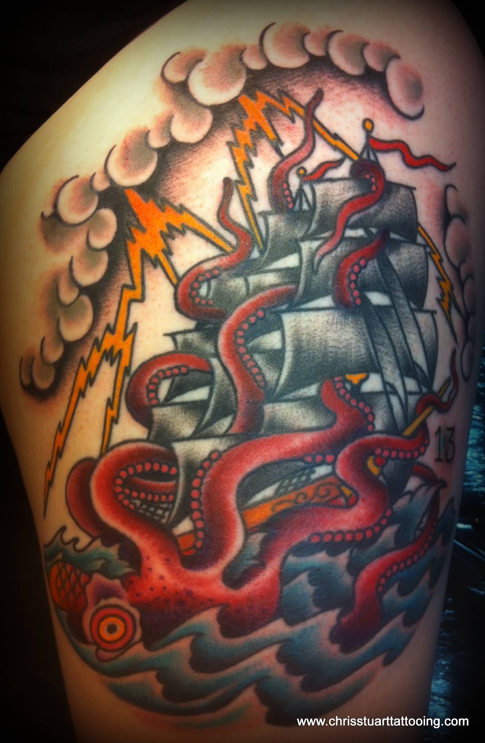 Colorful Traditional Octopus With Ship Tattoo Design For Thigh