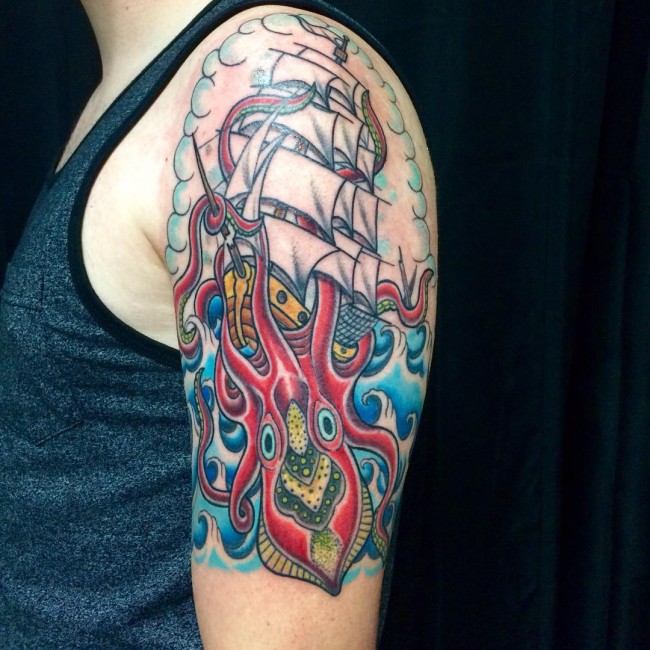 Colorful Traditional Octopus With Ship Tattoo On Left Half Sleeve