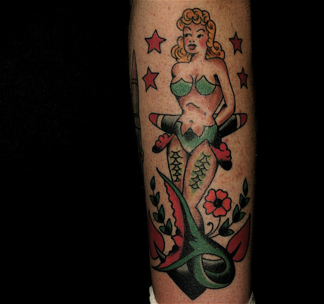 Colorful Traditional Pin Up Mermaid With Anchor Tattoo Design For Sleeve