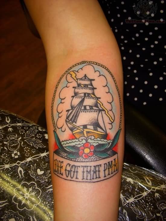 Colorful Traditional Pirate Ship In Rope Frame With Banner Tattoo Design For Arm