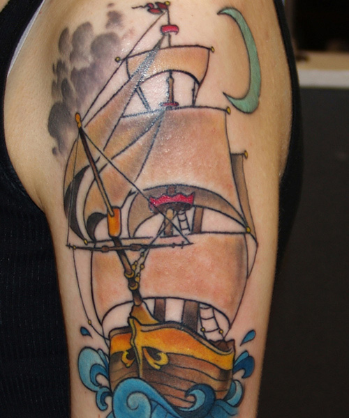 Colorful Traditional Pirate Ship Tattoo On Left Half Sleeve
