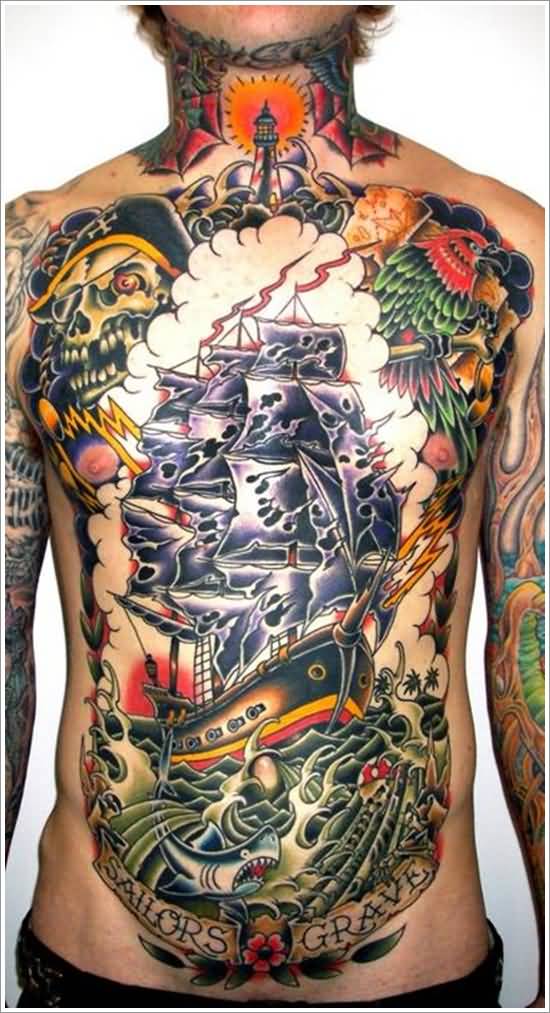 Colorful Traditional Pirate Ship Tattoo On Man Full Body