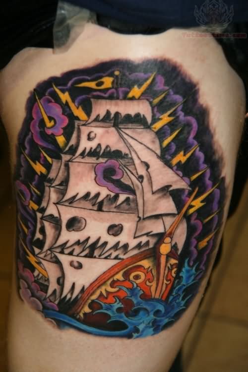Colorful Traditional Pirate Ship Tattoo On Right Side Thigh