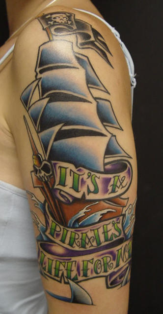 Colorful Traditional Pirate Ship With Banner Tattoo On Left Half Sleeve