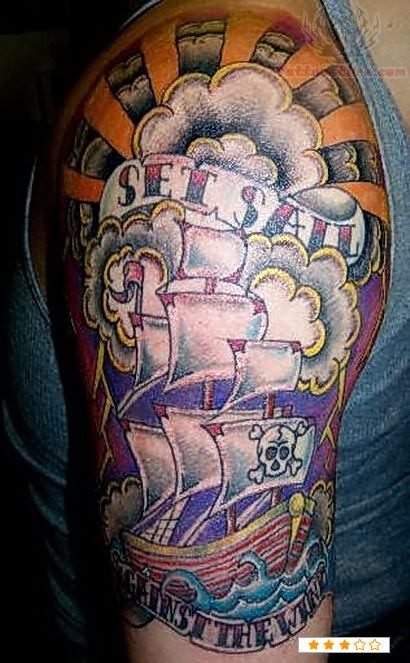 Colorful Traditional Pirate Ship With Banner Tattoo On Man Right Half Sleeve