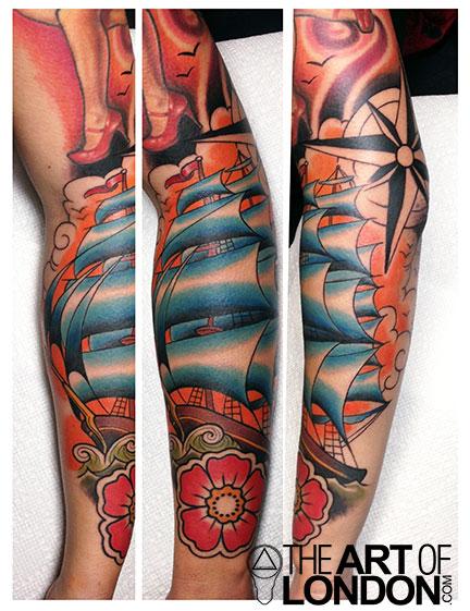 Colorful Traditional Pirate With Flower Tattoo Design For Sleeve