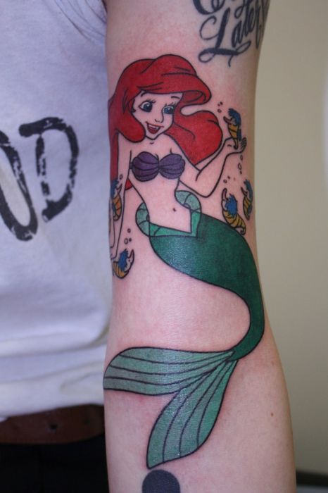 Colorful Traditional Small Mermaid Tattoo Design For Sleeve