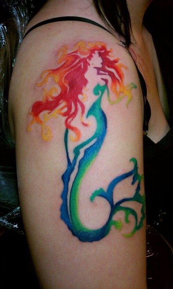 Colorful Tribal Mermaid Tattoo On Women Right Shoulder