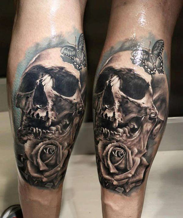 Cool 3D Pirate Skull With Rose Tattoo Design For Leg Calf