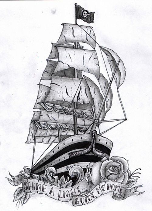 Cool Black And Grey Pirate Ship With Rose And Shine A Light Guide Me Home Banner Tattoo Design By Sammy Brennan