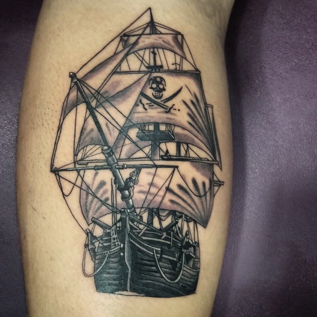 Cool Black Ink Ghost Pirate Ship Tattoo Design For Leg Calf