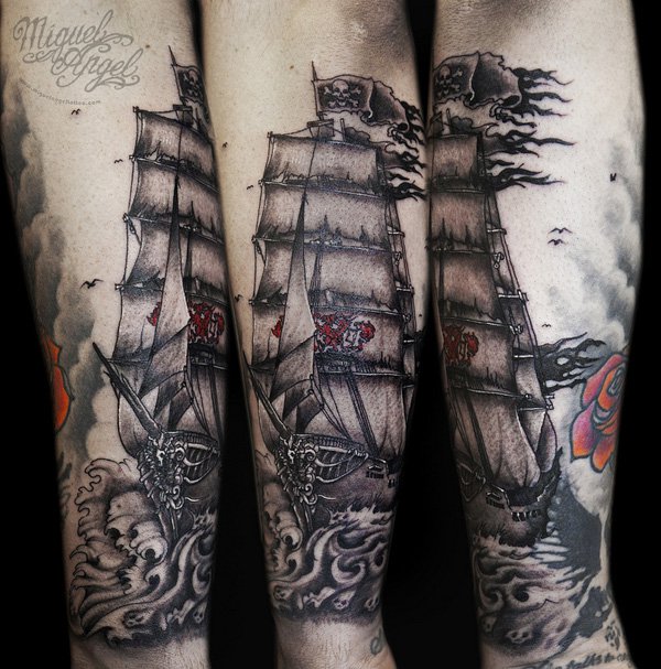 Cool Black Ink Ghost Pirate Ship Tattoo On Arm