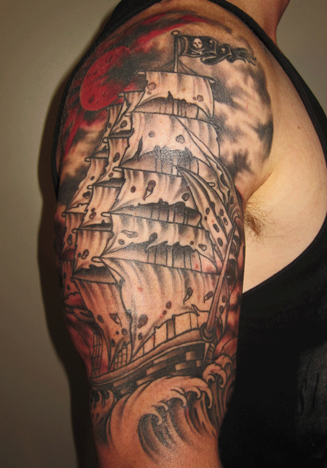 Cool Black Ink Ghost Pirate Ship Tattoo On Man Right Half Sleeve